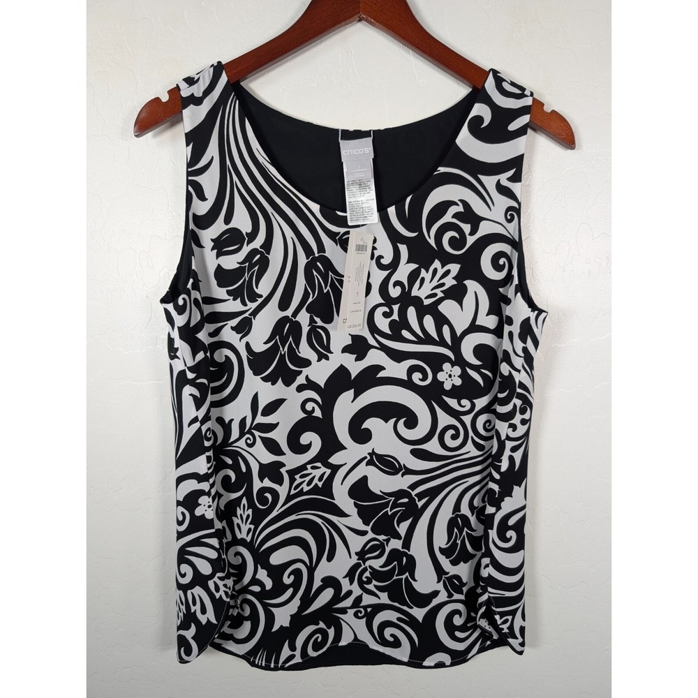 CHICO'S  Tank Top Women Size 1 Reversible Scroll Print Woven Pattern Black White